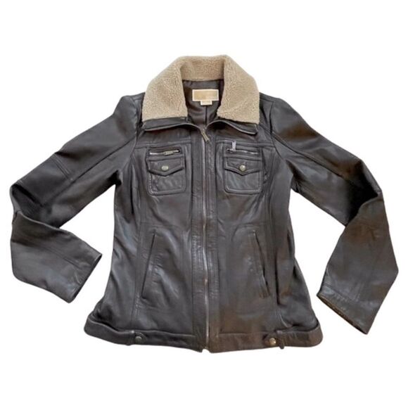 Michael Kors Women’s Leather Moto Jacket • Brown • Medium - Picture 3 of 16
